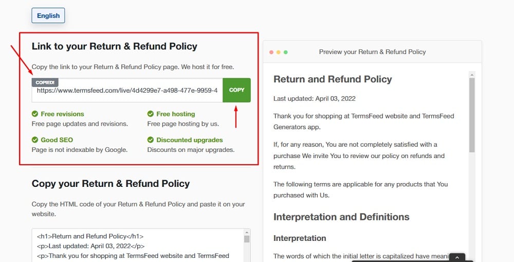 TermsFeed Generators App: Return and Refund Policy Download Page - Link to hosted Return and Refund Policy URL copy option highlighted