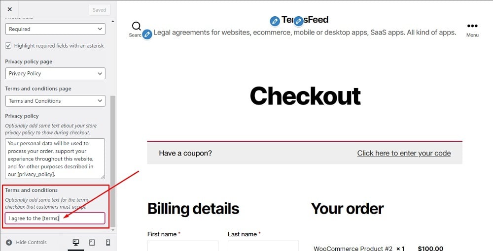 TermsFeed WordPress Woocommerce: Customizing - Checkout - Terms and Conditions checkbox text changed highlighted