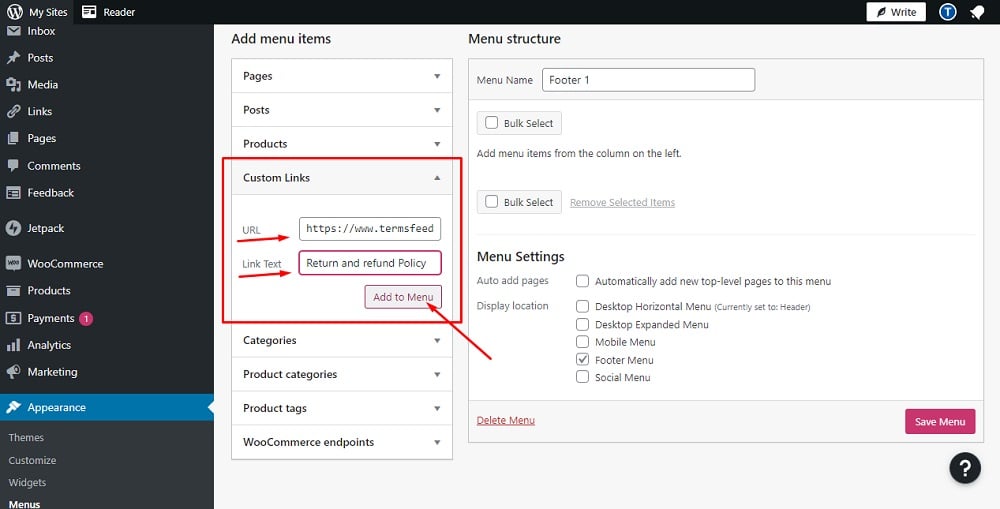 TermsFeed WordPress: Menus Editor - Custom Links added Return and Refund Policy URL and text and Add to Menu button highlighted