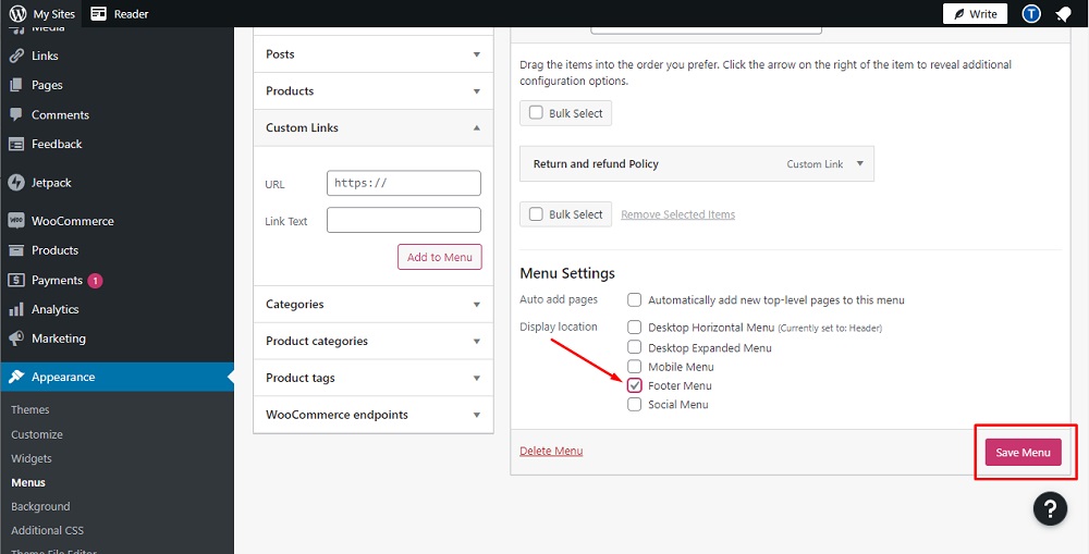 TermsFeed WordPress: Menus Editor - Footer checked and Save Menu button highlighted