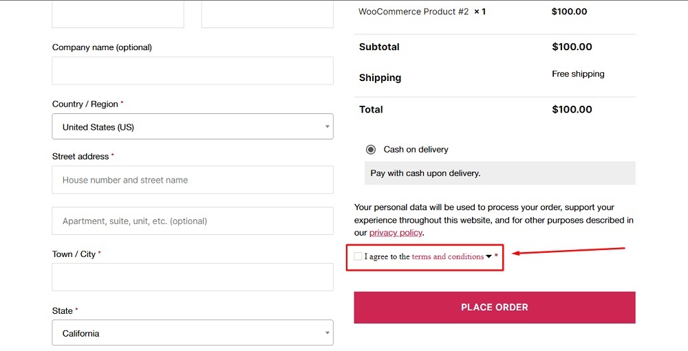 TermsFeed WP.com Woocommerce: Checkout page - I agree to the Terms and Conditions checkbox highlighted