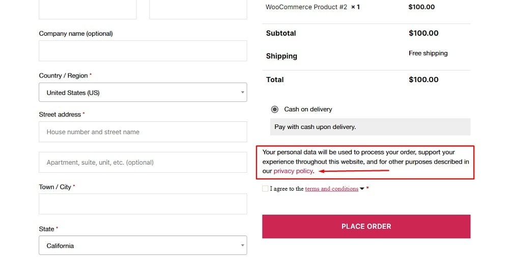 TermsFeed WordPress WooCommerce: WooCommerce - checkout page with Privacy Policy text added highlighted