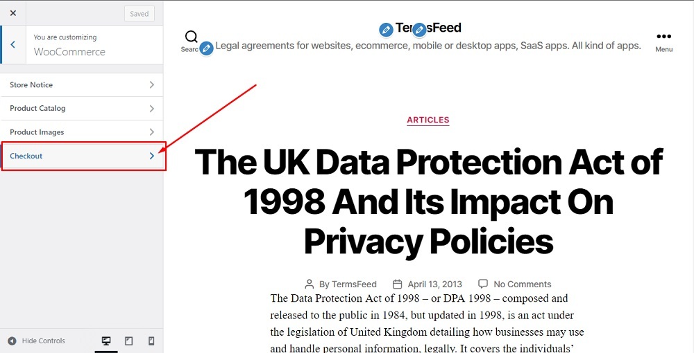 TermsFeed WordPress WooCommerce: WooCommerce Customizing - Checkout option highlighted