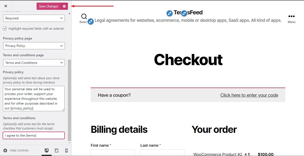 TermsFeed Wordpress Woocommerce: Customizing - Checkout - Save changes button highlighted