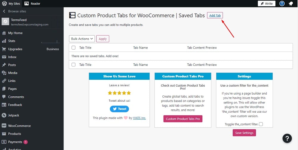 TermsFeed WordPress WooCommerce: Dashboard - Custom Product Tabs - Add Tab - highlighted