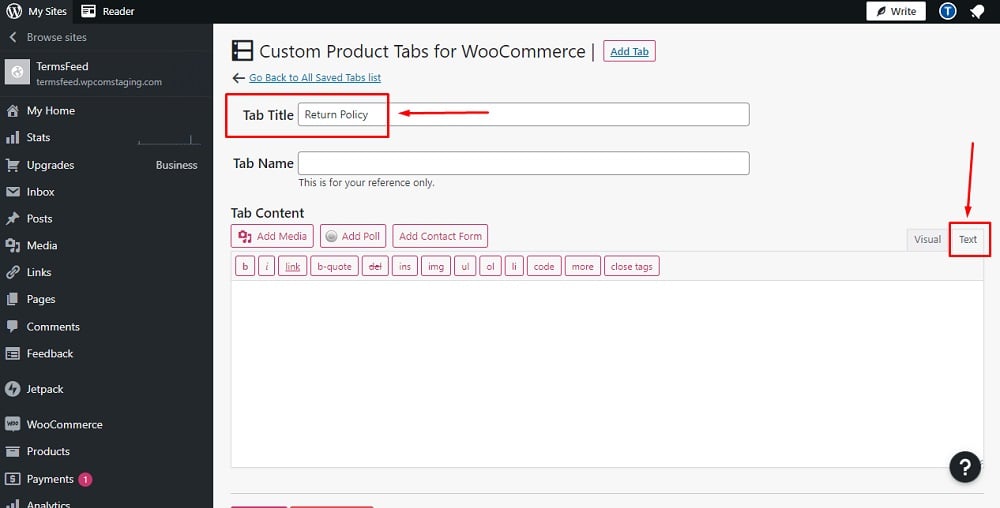 TermsFeed WordPress WooCommerce: Dashboard - Custom Product Tabs - Add Tab Title and switch editor to Text - highlighted