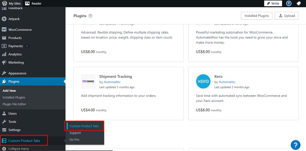 TermsFeed WordPress WooCommerce: Dashboard - Custom Product Tabs highlighted