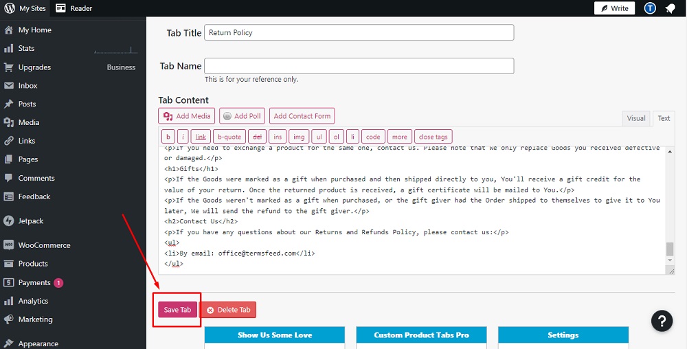 TermsFeed WordPress WooCommerce: Dashboard - Custom Product Tabs - Return Policy - Save Tab button highlighted