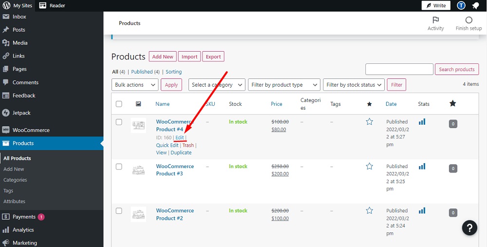 TermsFeed WordPress WooCommerce: Dashboard - Products with Edit option highlighted