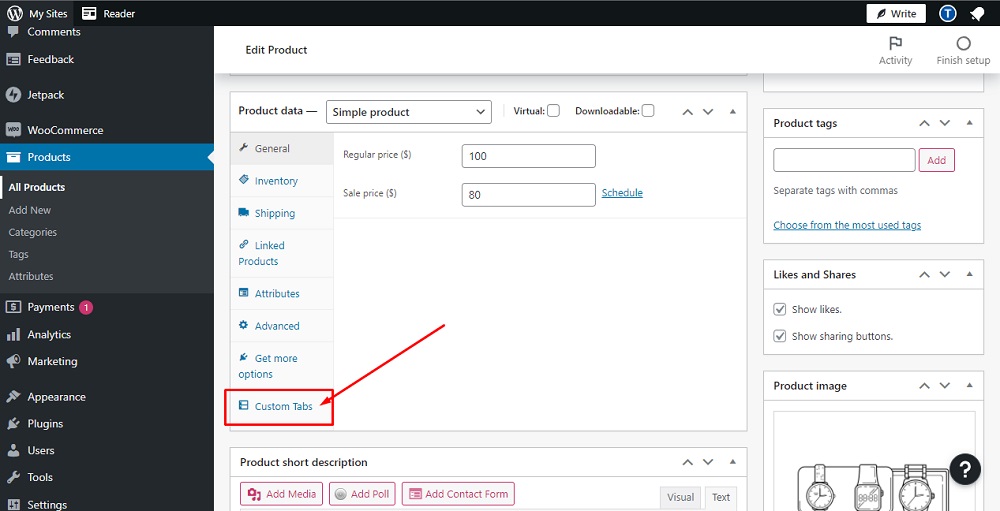 TermsFeed WordPress WooCommerce: Dashboard - Products - Edit Product - Custom Tabs highlighted