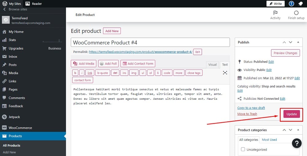 TermsFeed WordPress WooCommerce: Dashboard - Products - Edit Product - Publish section with Update button highlighted