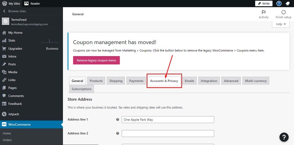 TermsFeed WordPress WooCommerce: WooCommerce menu - Settings - Account and Privacy menu highlighted