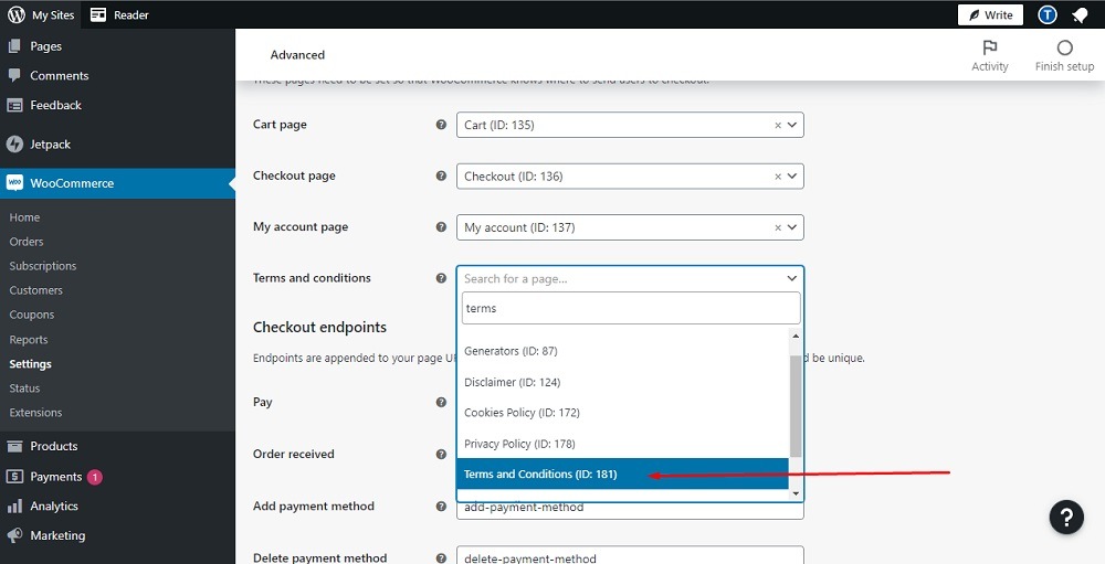 TermsFeed WordPress Woocommerce: Advanced - Select Terms and Conditions as new page highlighted