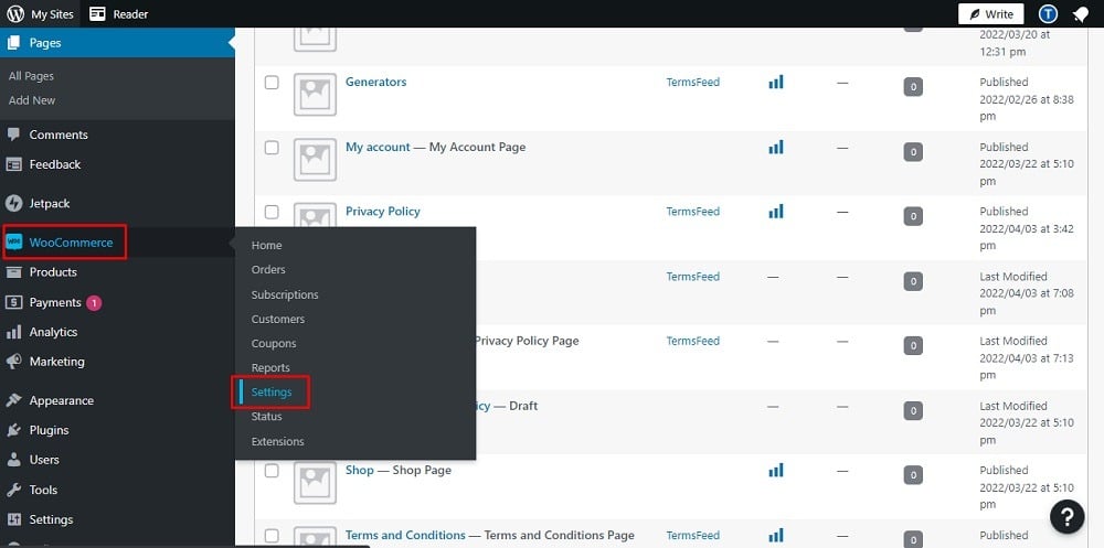 TermsFeed WordPress Woocommerce: Settings option highlighted