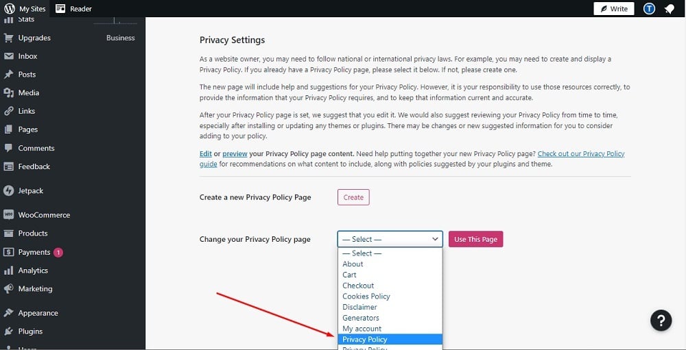 TermsFeed WordPress WooCommerce: Privacy editor - Dropdown menu with selected newly added Privacy Policy page highlighted