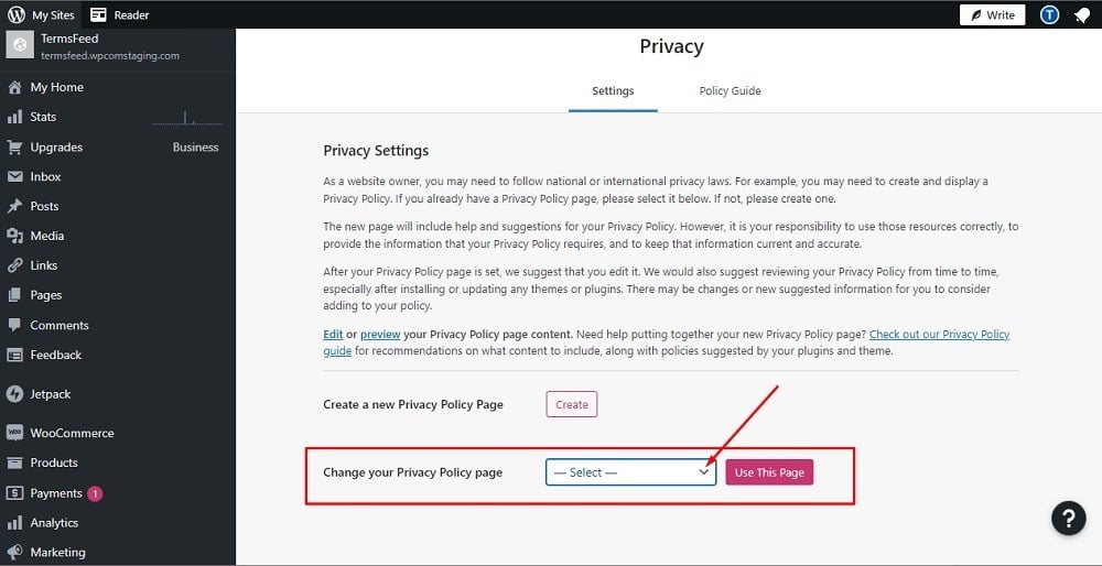 TermsFeed WordPress WooCommerce: Privacy editor - Dropdown menu option highlighted