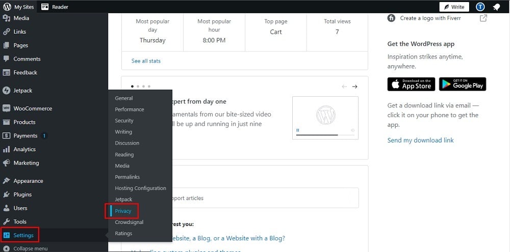 TermsFeed WordPress WooCommerce: Dashboard menu Settings - Privacy selected highlighted