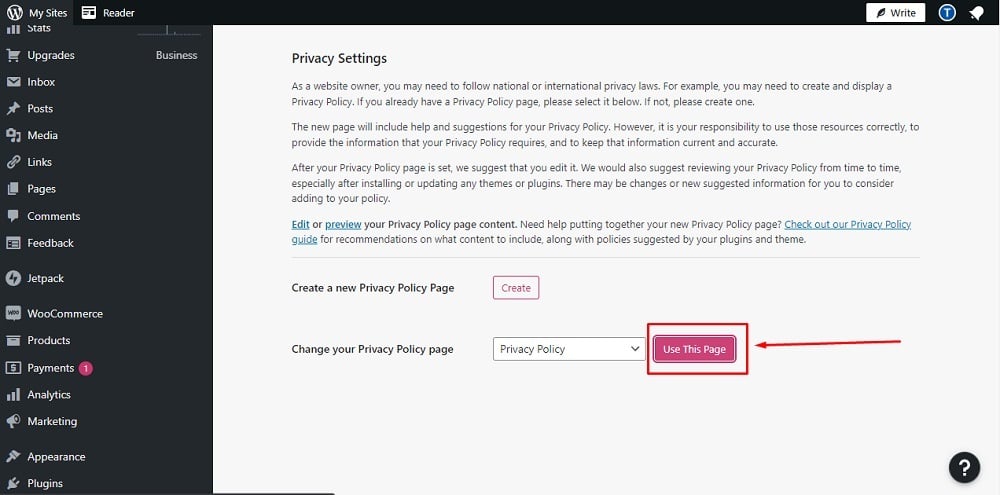 TermsFeed WordPress WooCommerce: Privacy editor - Use this page button highlighted