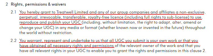 Treatwell UGC Policy: Rights, Permissions and Waivers clause excerpt