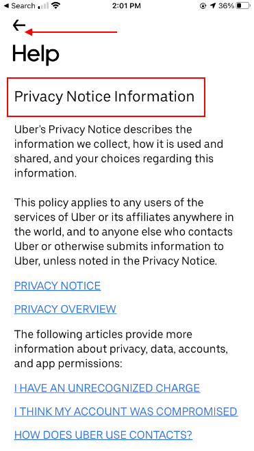Uber mobile Legal Help menu - Privacy Notice