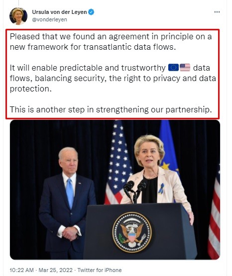 Ursula von der Leyen Twitter post about Transatlantic data flow