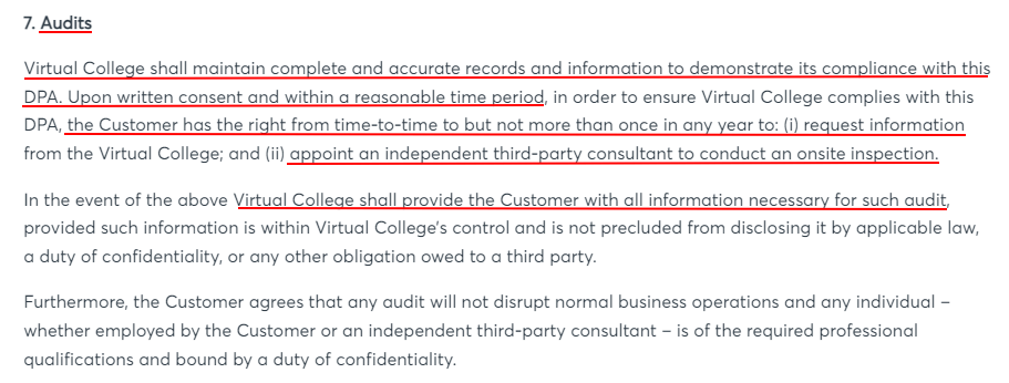 Virtual College DPA: Audits section