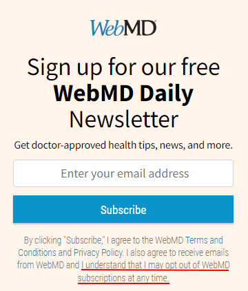 WebMD newsletter sign-up form with opt-out highlighted