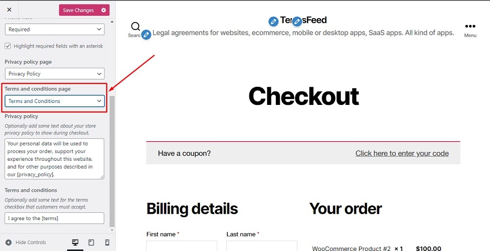 TermsFeed WordPress WooCommerce checkout section with Terms and Conditions page options highlighted