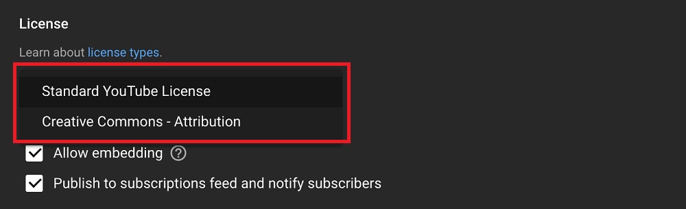 YouTube dashboard license types selection field