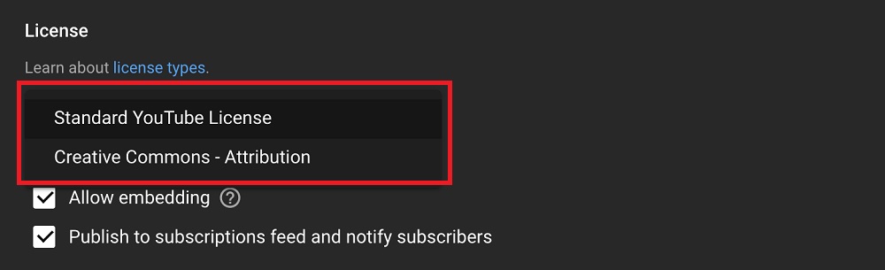 YouTube dashboard license types selection field