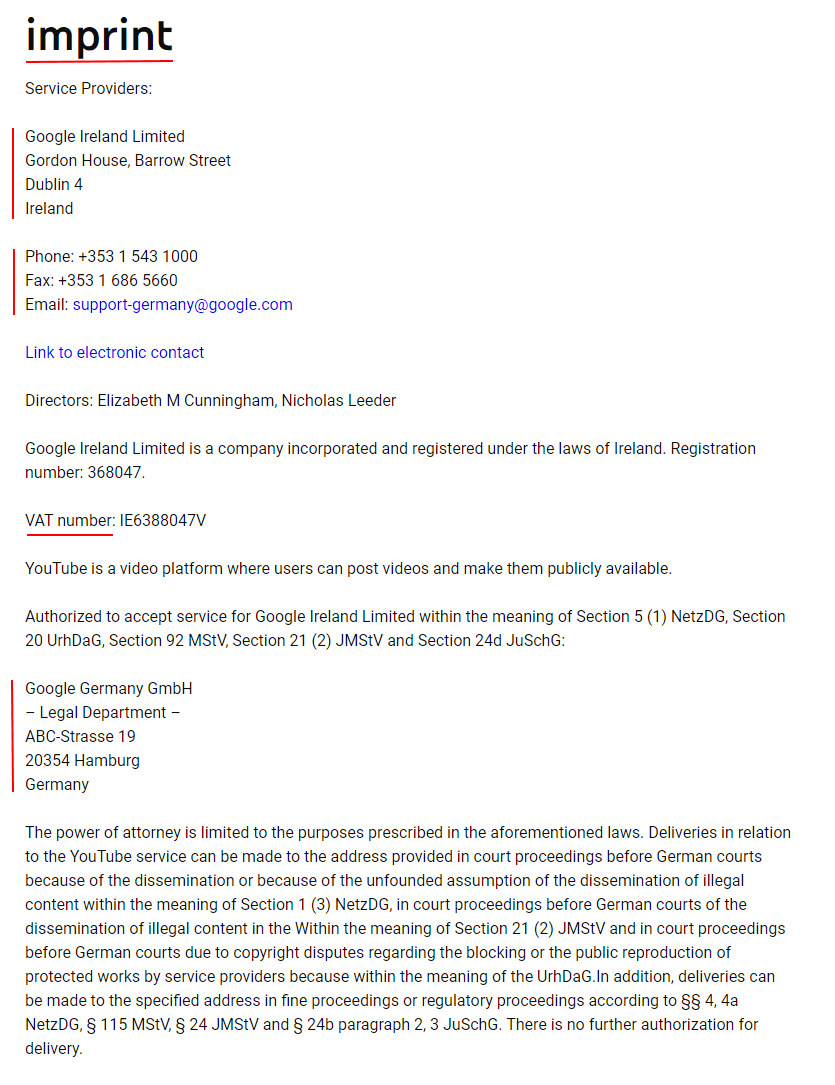 YouTube Germany Imprint Impressum screenshot - updated