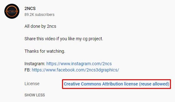 YouTube video from 2NCS with creative commons attribution license highlighted