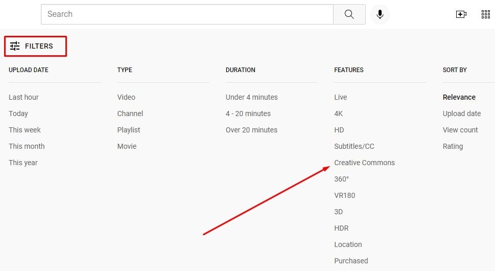 YouTube website with filters and creative commons highlighted