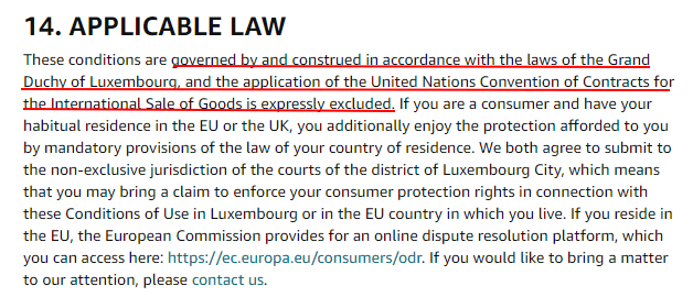 Amazon UK Conditions of Use: Applicable Law clause - Updated for 2022