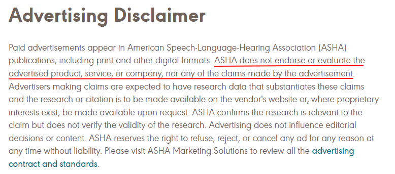 ASHA Advertising Disclaimer - Updated for 2022