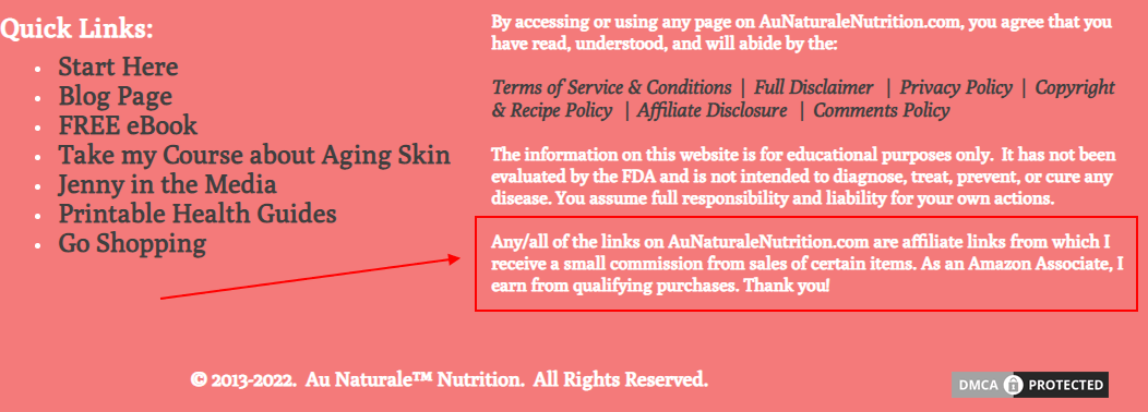 Au Naturale Nutrition website footer with affiliate disclaimer highlighted - Updated for 2022
