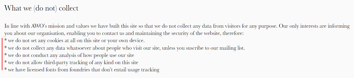 AWO Privacy Policy What we do not collect clause - Updated for 2022