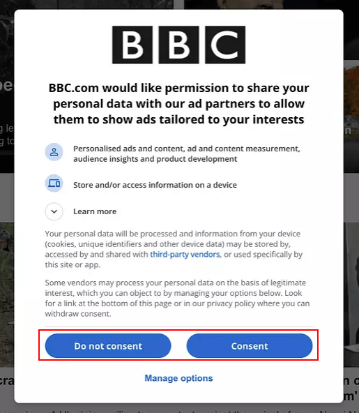 BBC permissions to show personalized ads and store and access information - Consent notice