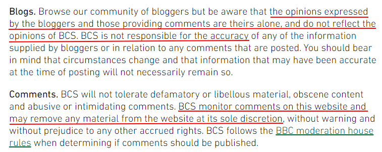 BCS Disclaimer of Liability: Blogs and Comments sections