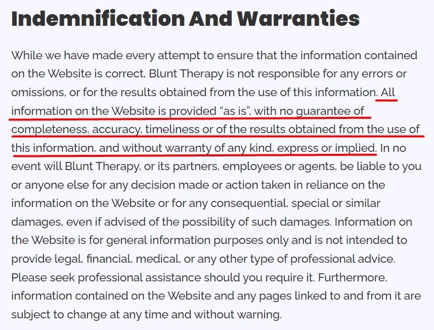 Blunt Therapy Disclaimer: Indemnification and Warranties section