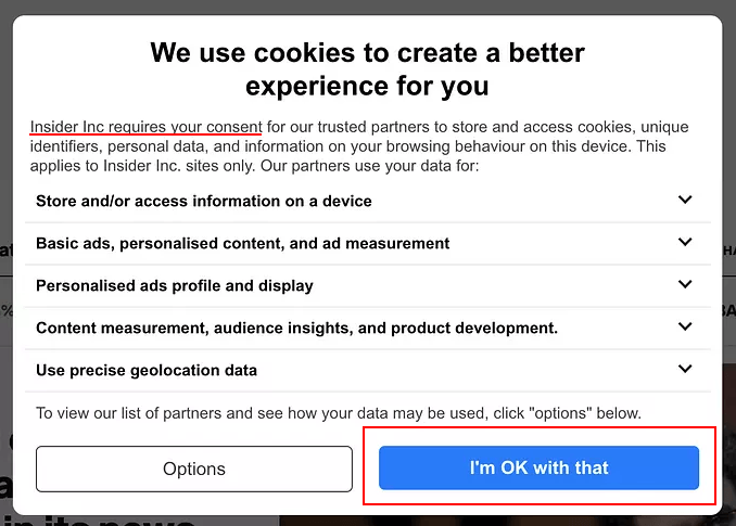 Business Insider cookie consent notice