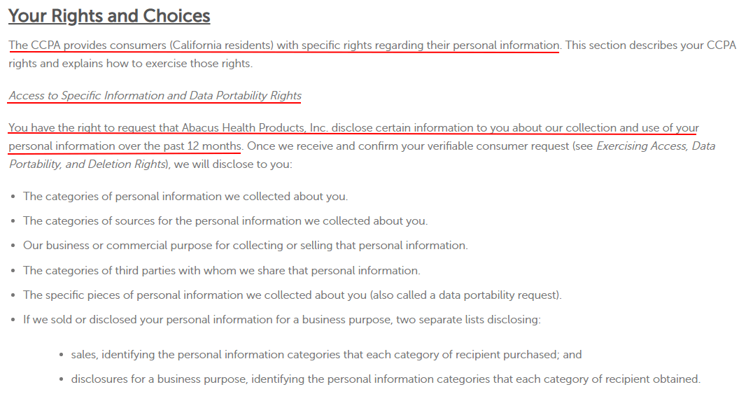 CBD Medic Privacy Notice for California Residents: Your Rights and Choices clause - Access to Information section