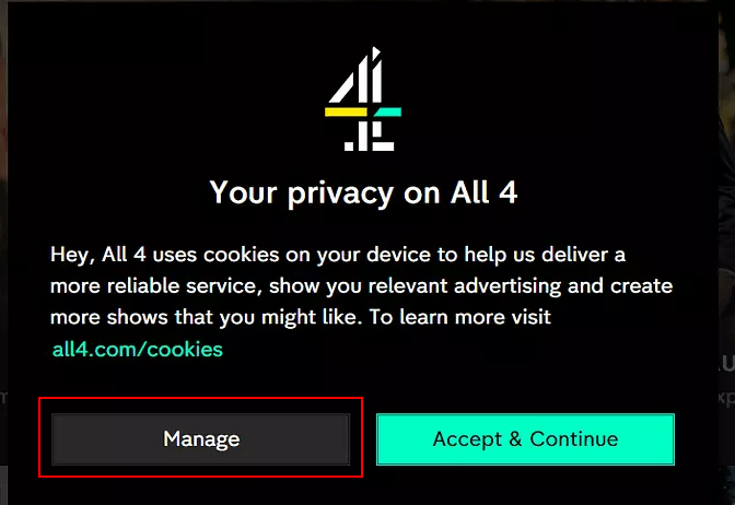 Channel 4 cookie consent notice with Manage button highlighted