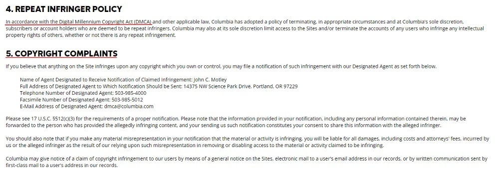 Columbia Sportswear Terms of Use: Repeat Infringer and Copyright Complaints clauses