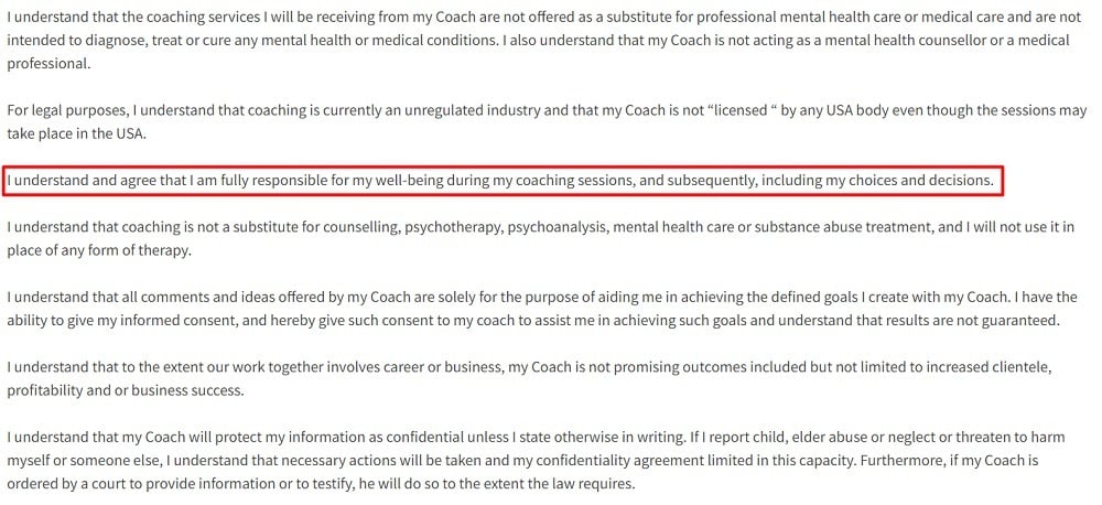 Empowering Breakthrough Coaching Disclaimer: Personal responsibility section highlighted