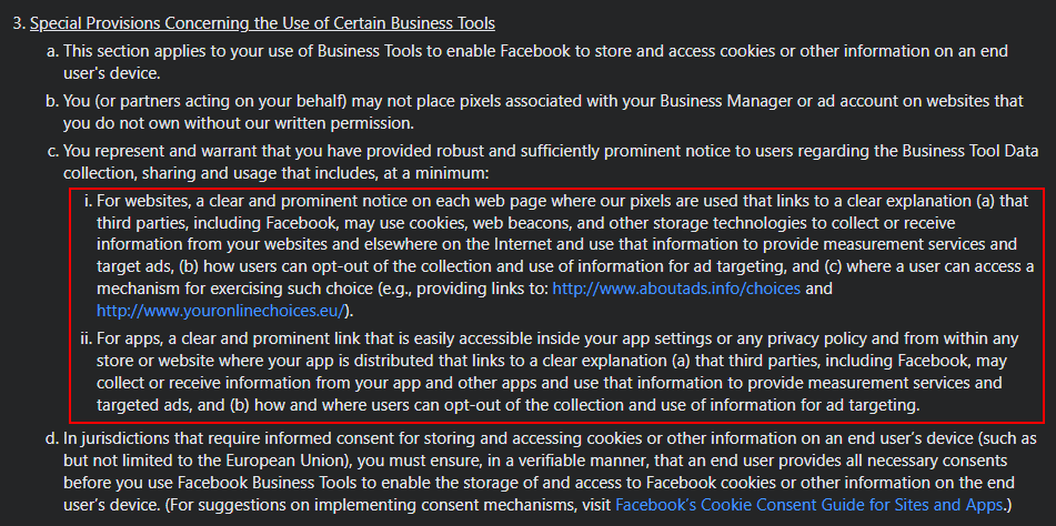 Facebook Business Tools Terms: Special Provisions Concerning the Use of Certain Business Tools section