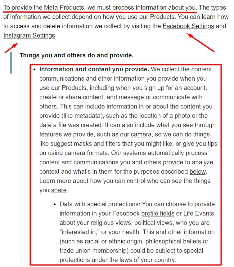Facebook Data Policy: What kinds of information do we collect clause - THings you and others do and provide section