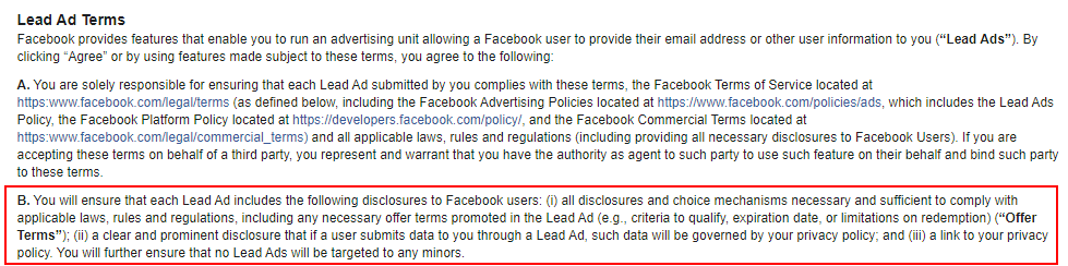 Facebook Lead Ad Terms: Privacy Policy section highlighted - Updated for 2022