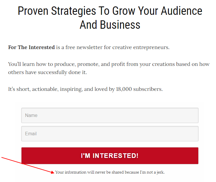 For The Interested email newsletter sign-up form with Shared Information section highlighted