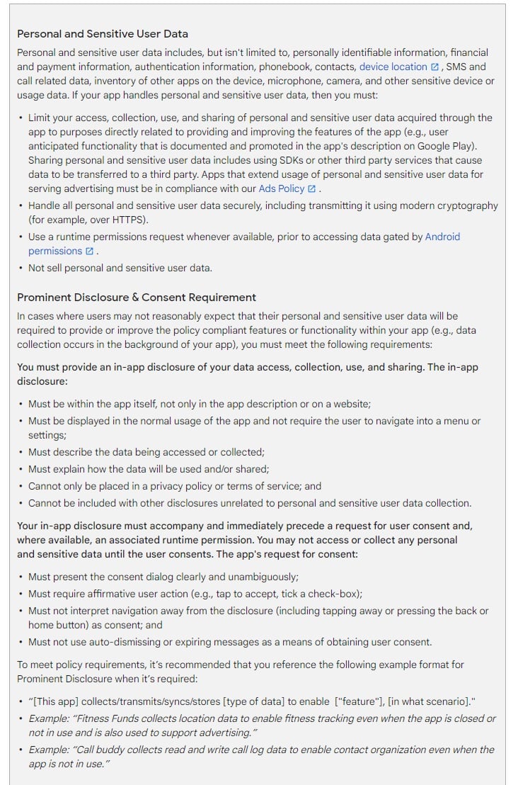 Google Play Console Help: Screenshot of User data and Prominent Disclosure and Consent Requirement section
